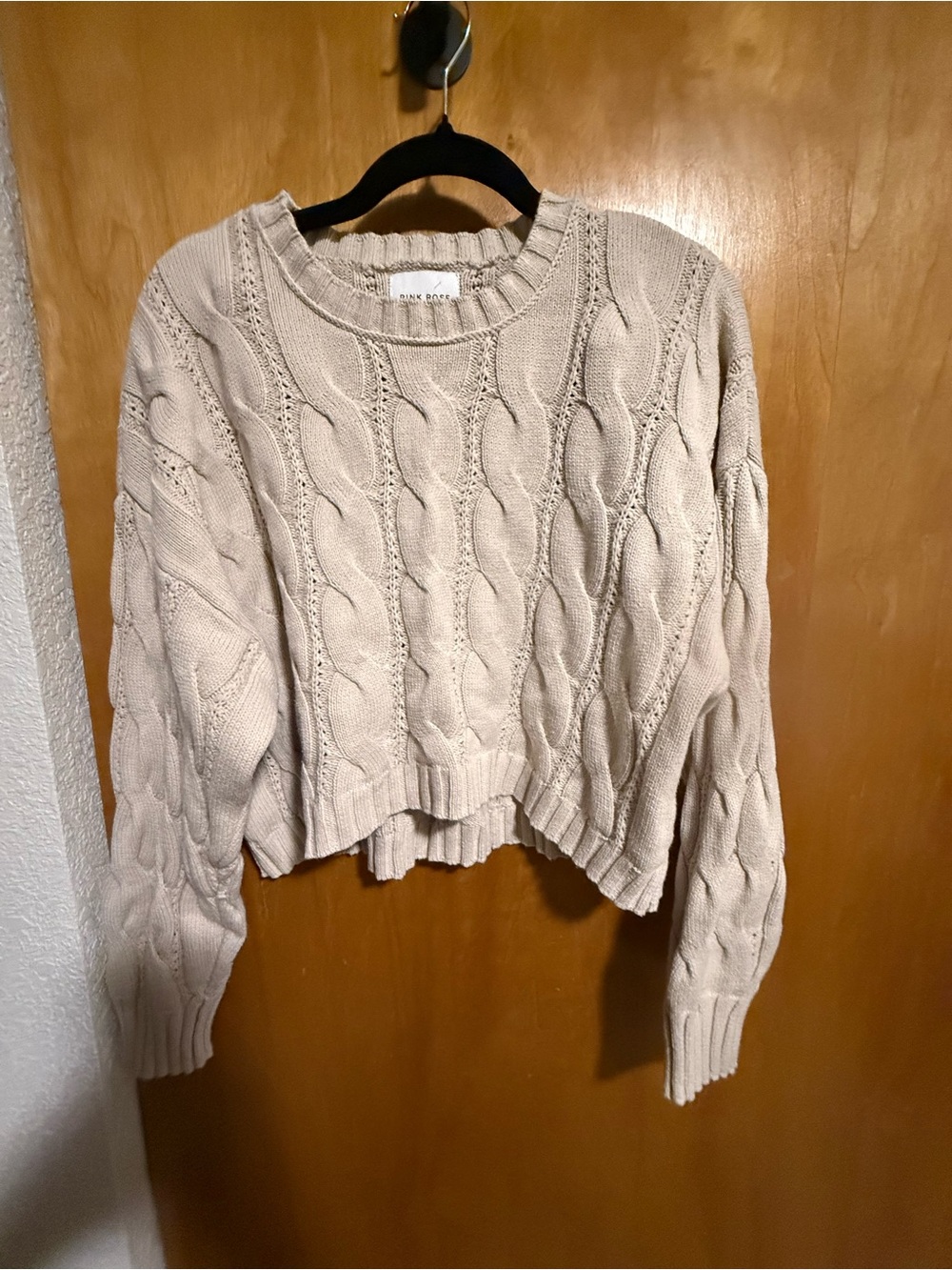 Pink Rose Cream Cable-Knit Cropped Sweater